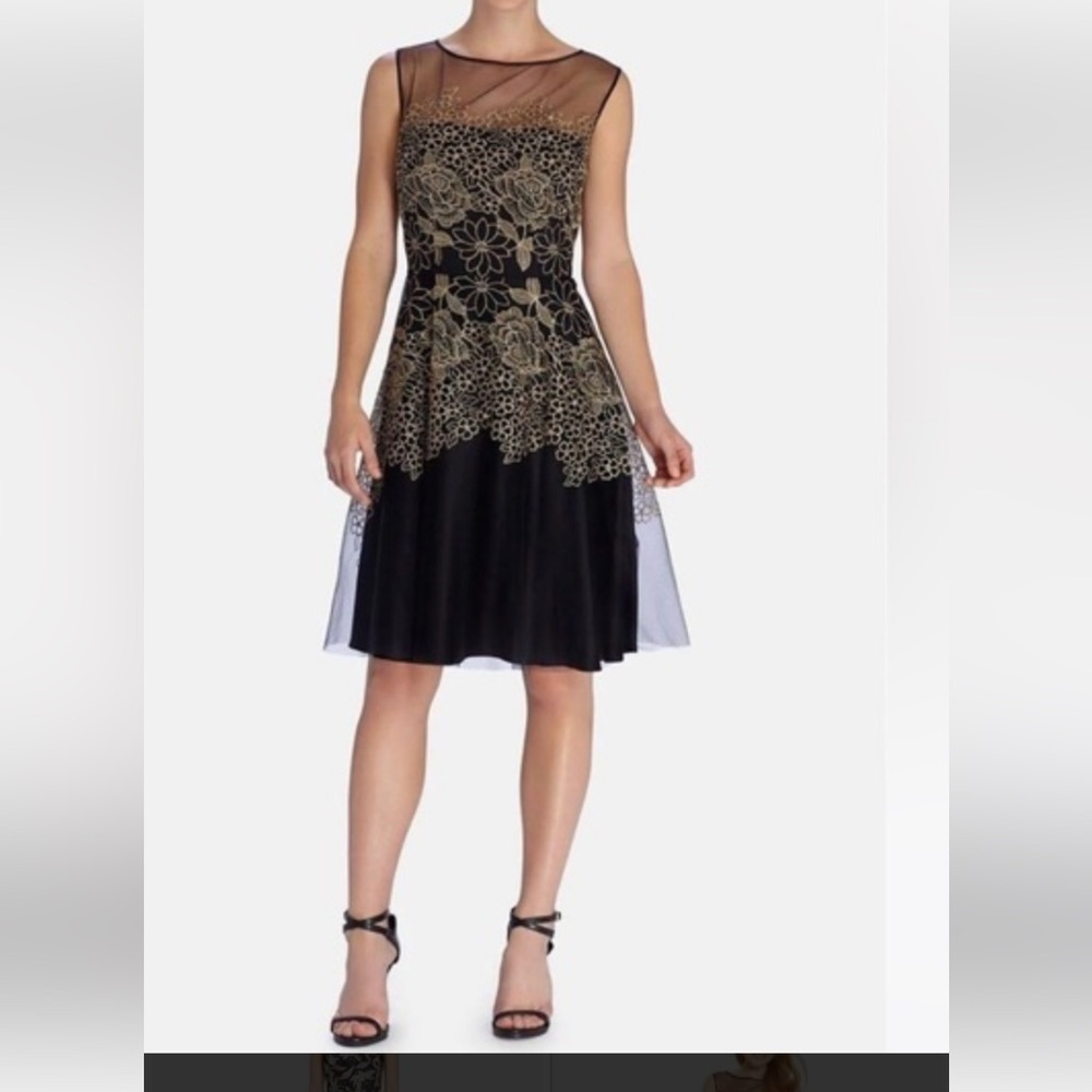 Tahari Edwin Embroidered Black & Gold Tulle Dress Size 16
